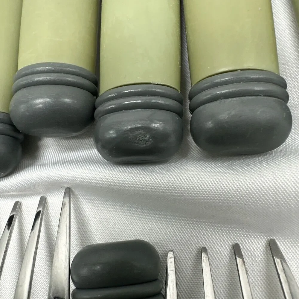 Pfaltzgraff SPHERE Stainless Plastic Charcoal Green Flatware Set Flaws 46 Pieces
